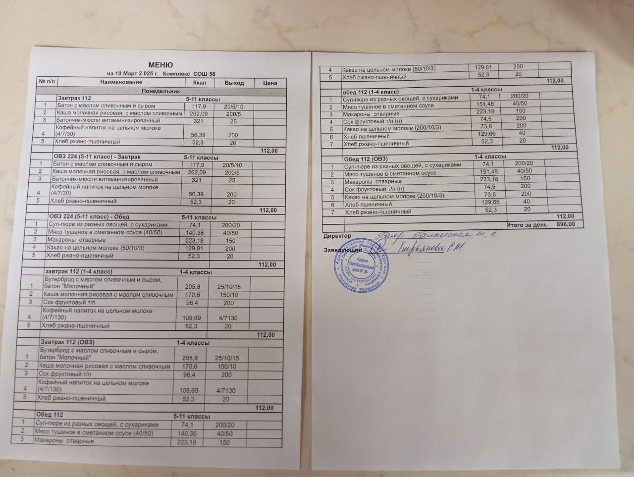 Меню, завтрак и обед 10.03.2025.