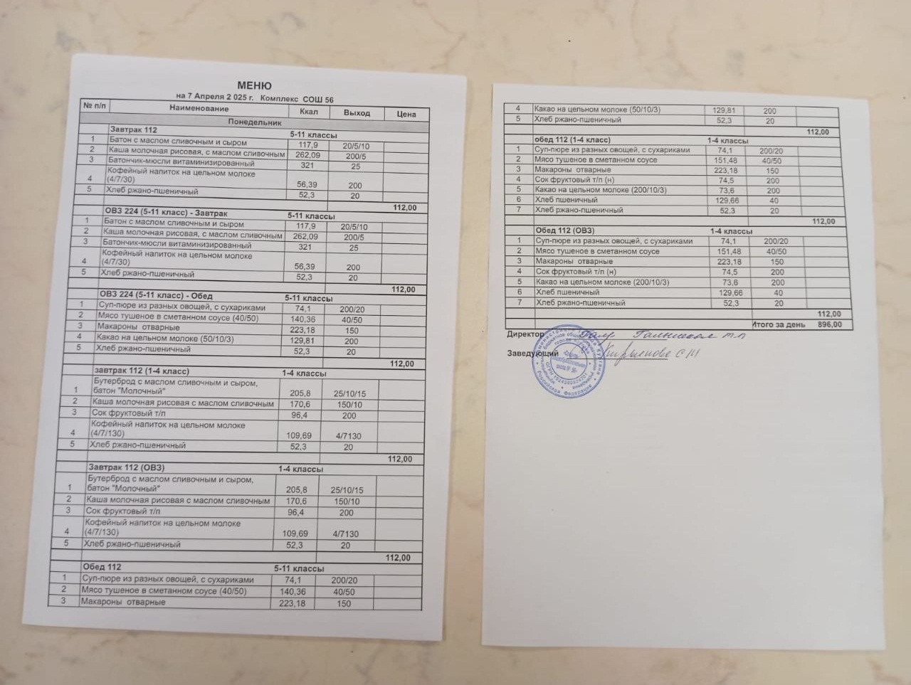 Меню, завтрак и обед 07.04.2025.