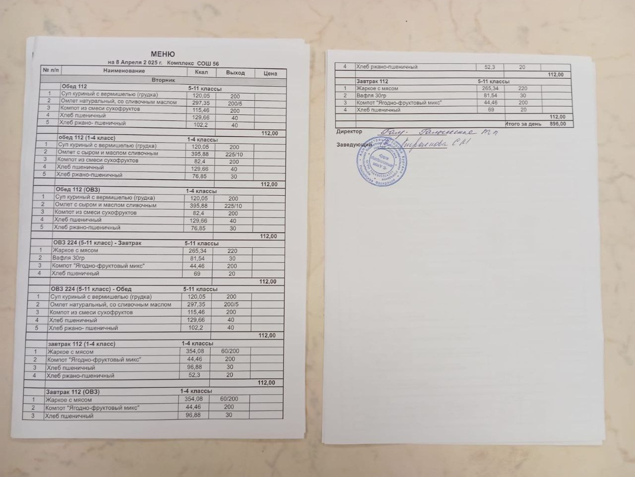 Меню, завтрак и обед 08.04.2025.
