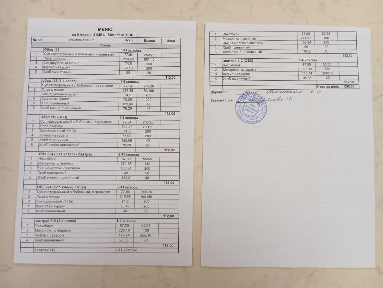 Меню, завтрак и обед 09.04.2025.