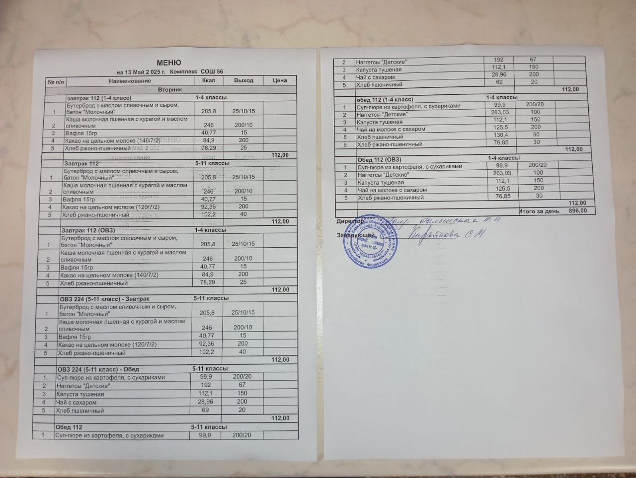 Меню, завтрак и обед 13.05.2025.