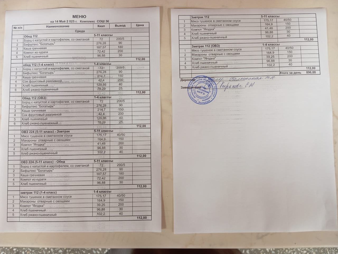 Меню, завтрак и обед 14.05.2025.